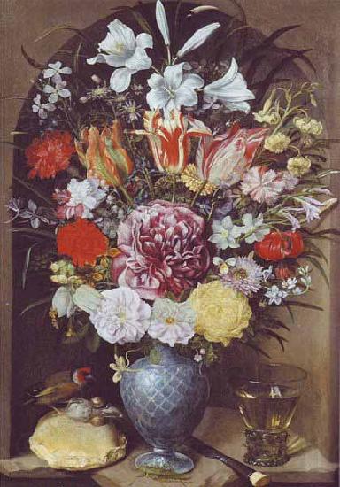 Georg Flegel Blumen, Romer und Stieglitz auf Weissbrotwecken in einer Nische Norge oil painting art